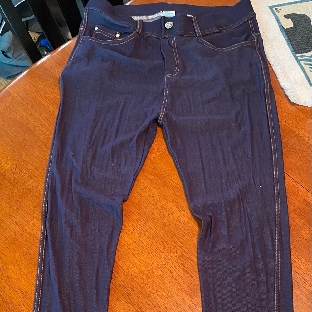Denim stretch jean jeggings sweater size M/L with pockets and mock fly zipper